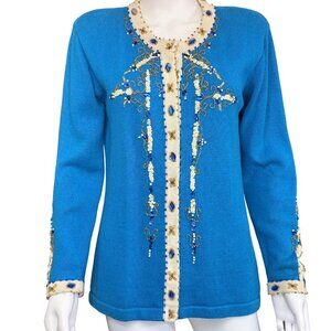 Storybook Knits Womens Embellished Cardigan Turquoise & Cream Beaded Sweater Siz